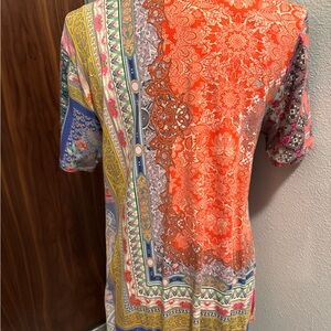 Johnny Was Colorful coral Roses  Patchwork V-Neck Women's bamboo Swing Shirt M